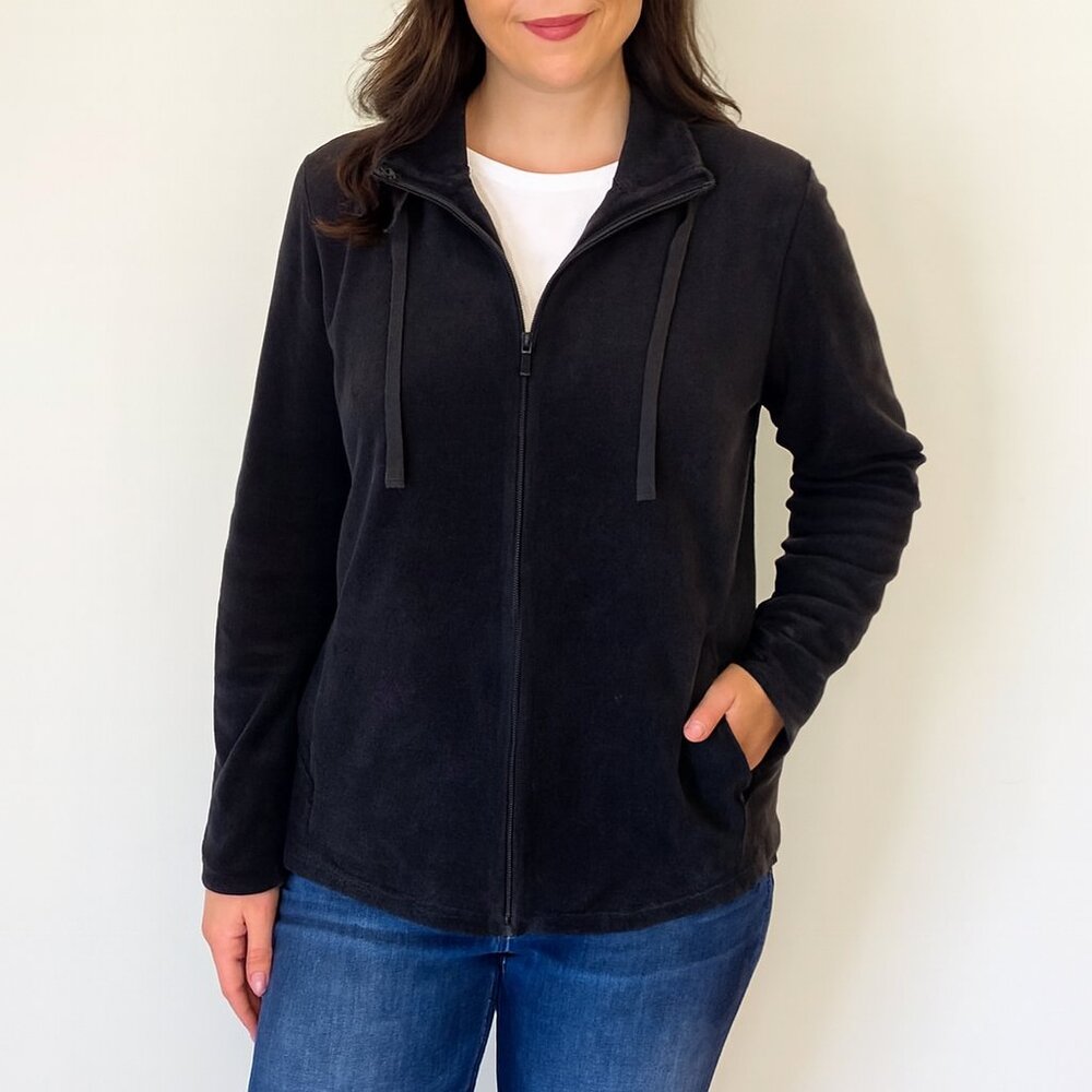 Lord & Taylor Black Velvet Zip-Front Jacket - Size M - Cozy Chic!